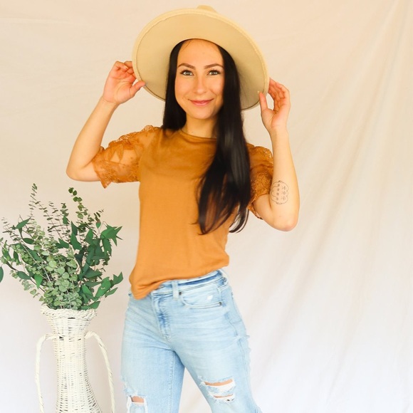 Knit Embroidered Sleeve Top Camel SOLD OUT - Picture 1 of 3